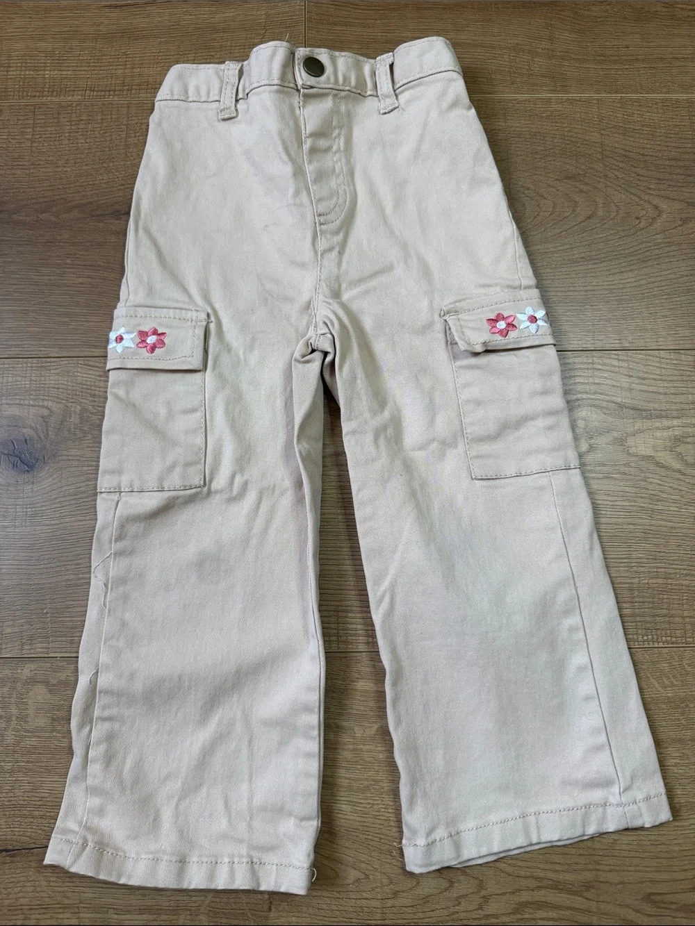 Girls' Tan Cargo Pants with matching Denim Jacket and Bucket Hat w/ Floral Trim